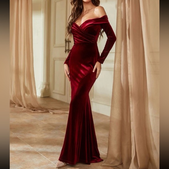 Luxe Velvet Off Shoulder Prom Formal Party Evening Wedding Dress Navy Blue - Picture 9 of 11